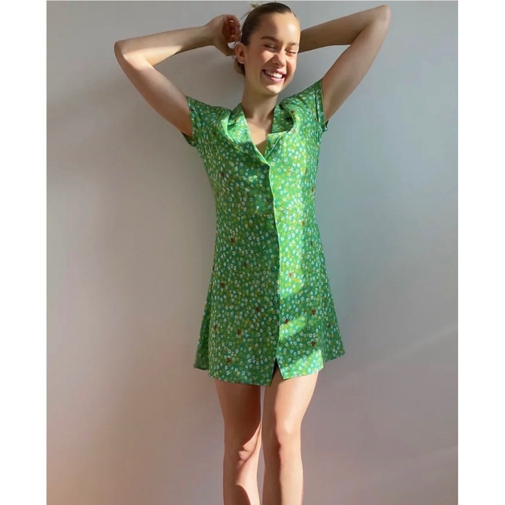 Sunday Best Aritzia Vida Green Floral Button Front Mini Dress Size S
